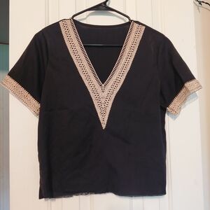 SHEIN Black Blouse with Beige Lace Accents